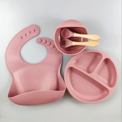 5pcs Eco-vriendelijke babyvoeding set siliconen zuigschalen borden lepel vork bib voor peuters