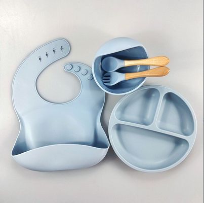 5pcs Eco-vriendelijke babyvoeding set siliconen zuigschalen borden lepel vork bib voor peuters